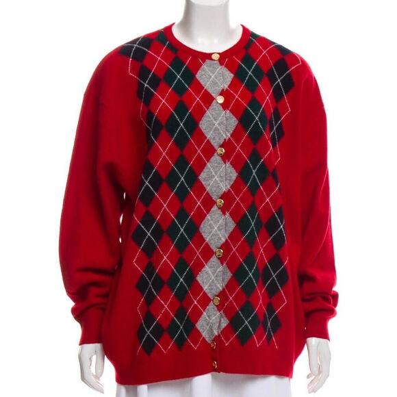 Vintage Burberry Lambs Wool Red Argyle Cardigan Sweater Buttons UK Size‎ 46 XL - Picture 1 of 9